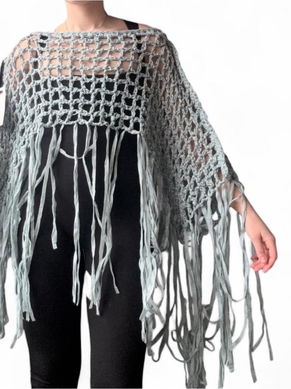 Blue Crochet Tassle Poncho 
By Evangelista